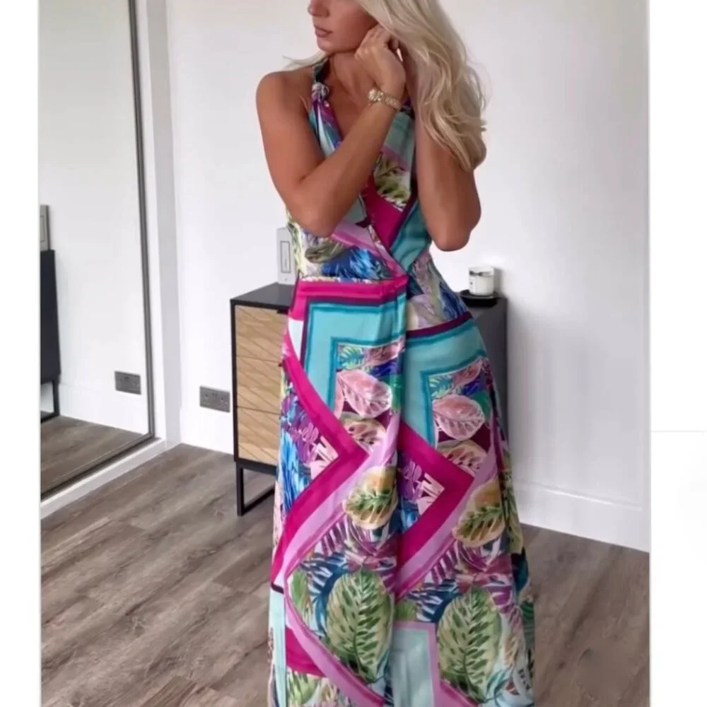 Zara Satin Effect Tropical Scarf Print Midi Dress